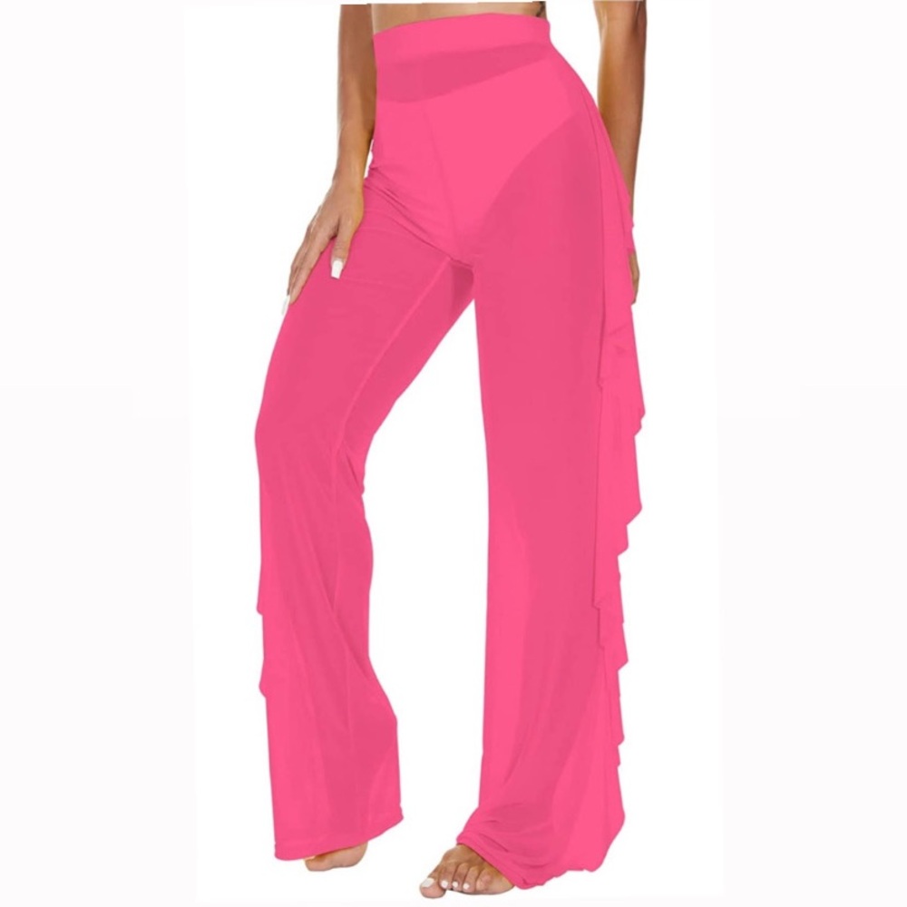 Women's Ruffle Sheer Mesh Swimwear Bikini Cover Up Pants See Through